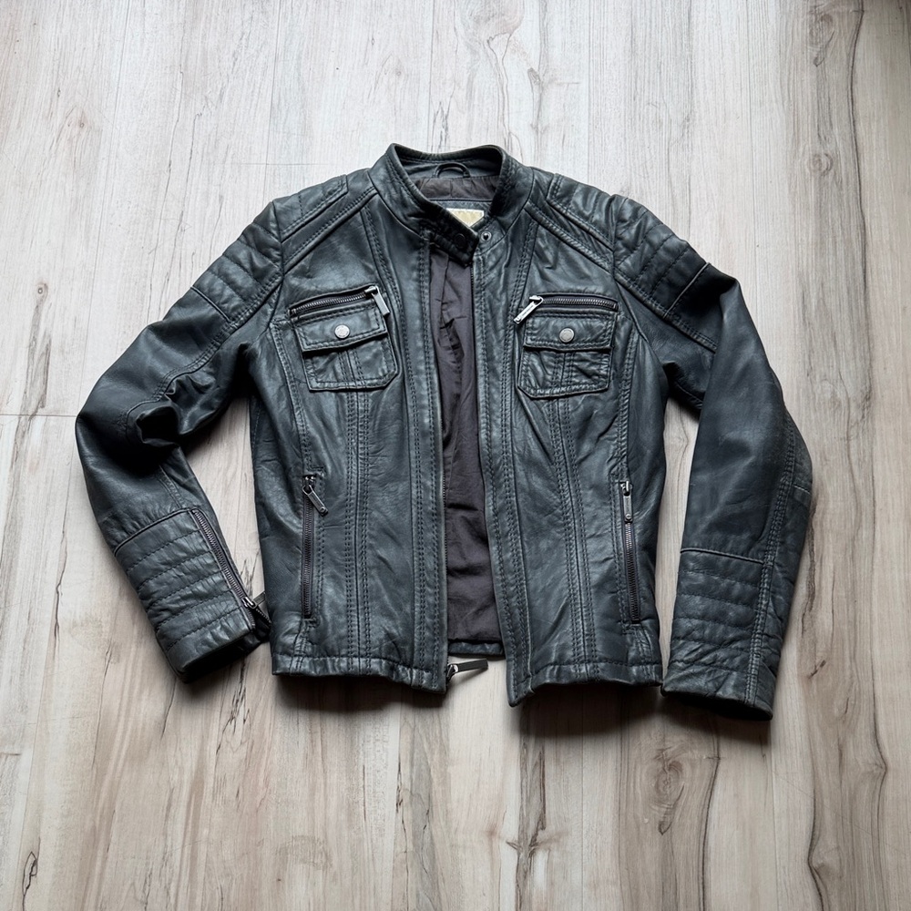 Super soft buttery grey genuine leather Michael Kors moto jacket